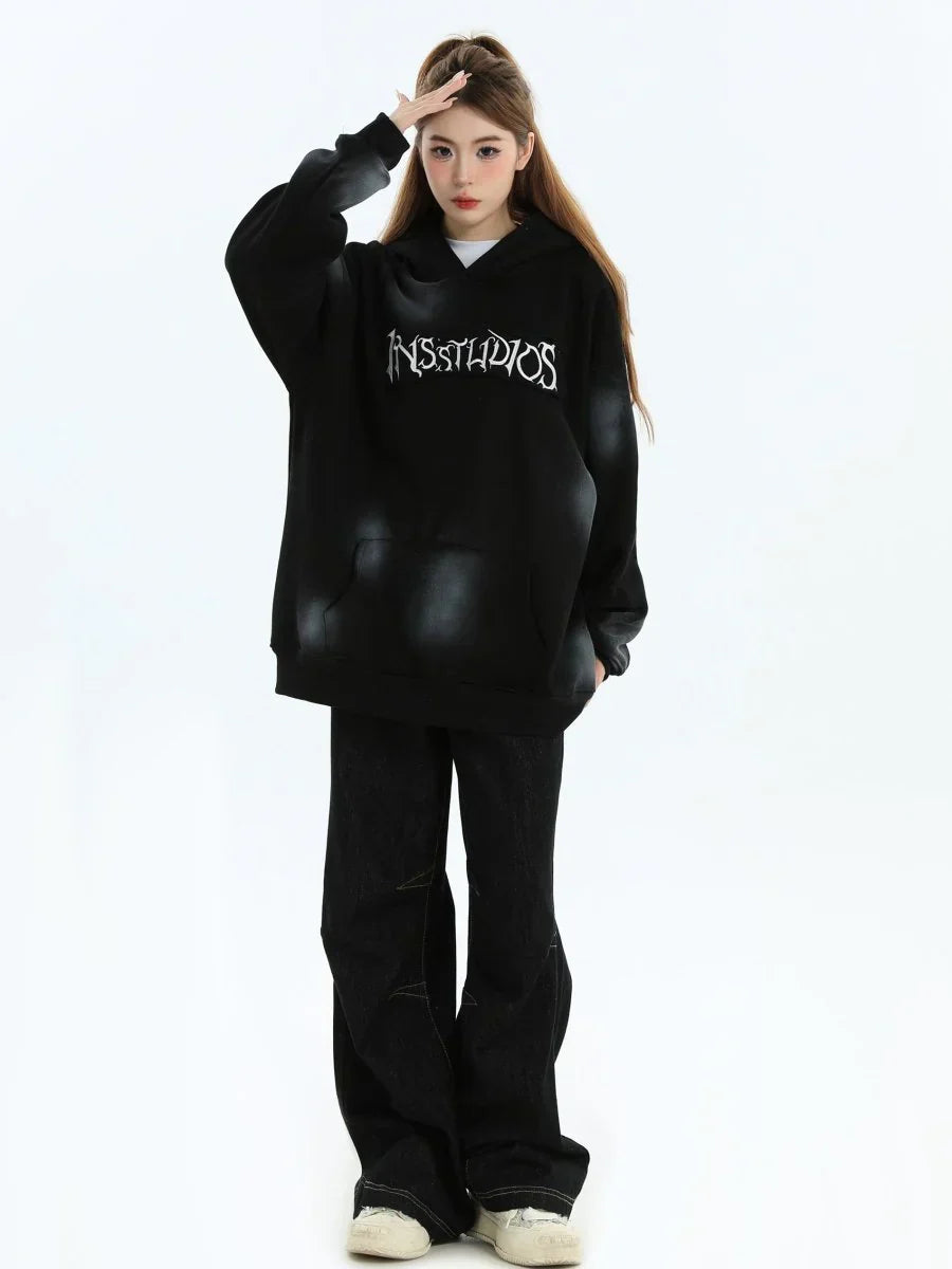 [INSstudios] SPRAY PAINT LOGO LOOSE HOODIE S0206