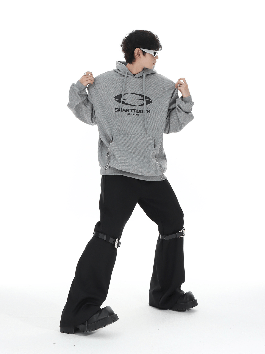 metal button multi drape straight pants B0001