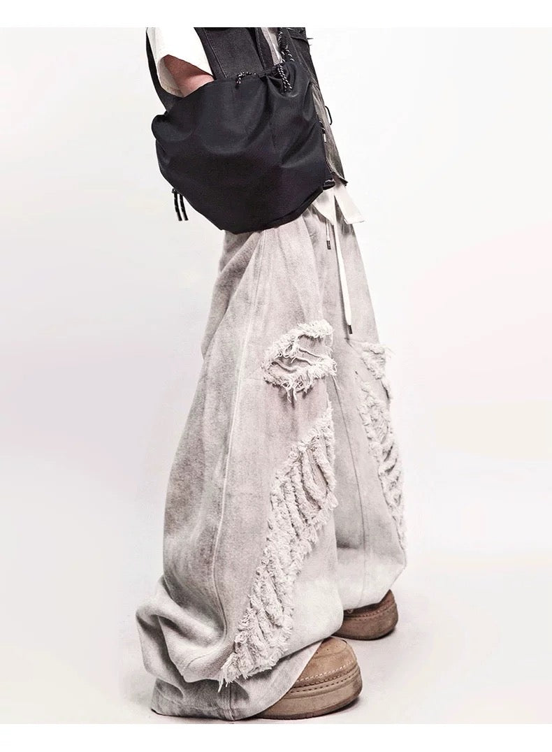 Men’s Vintage Distressed Washed White Denim Jeans Streetwear Loose Straight Mud-Dye Baggy Pants B0096