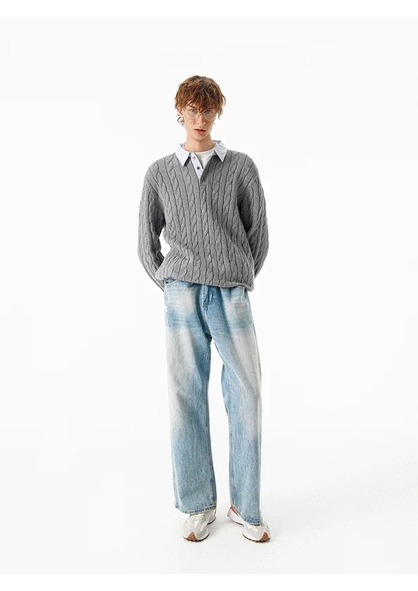 Patchwork Layered Cable Knit Sweater – Faux Two-Piece Vintage Knitwear S0025