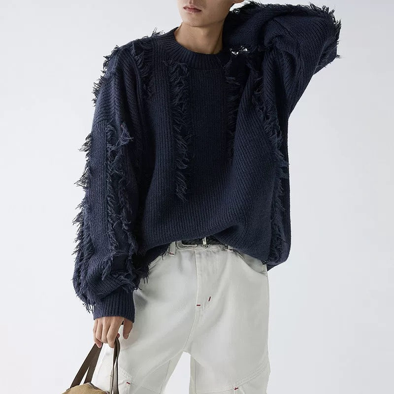 Men’s Fringe Knit Sweater Autumn Loose Fit Casual Pullover High-End Textured Knitwear T0069