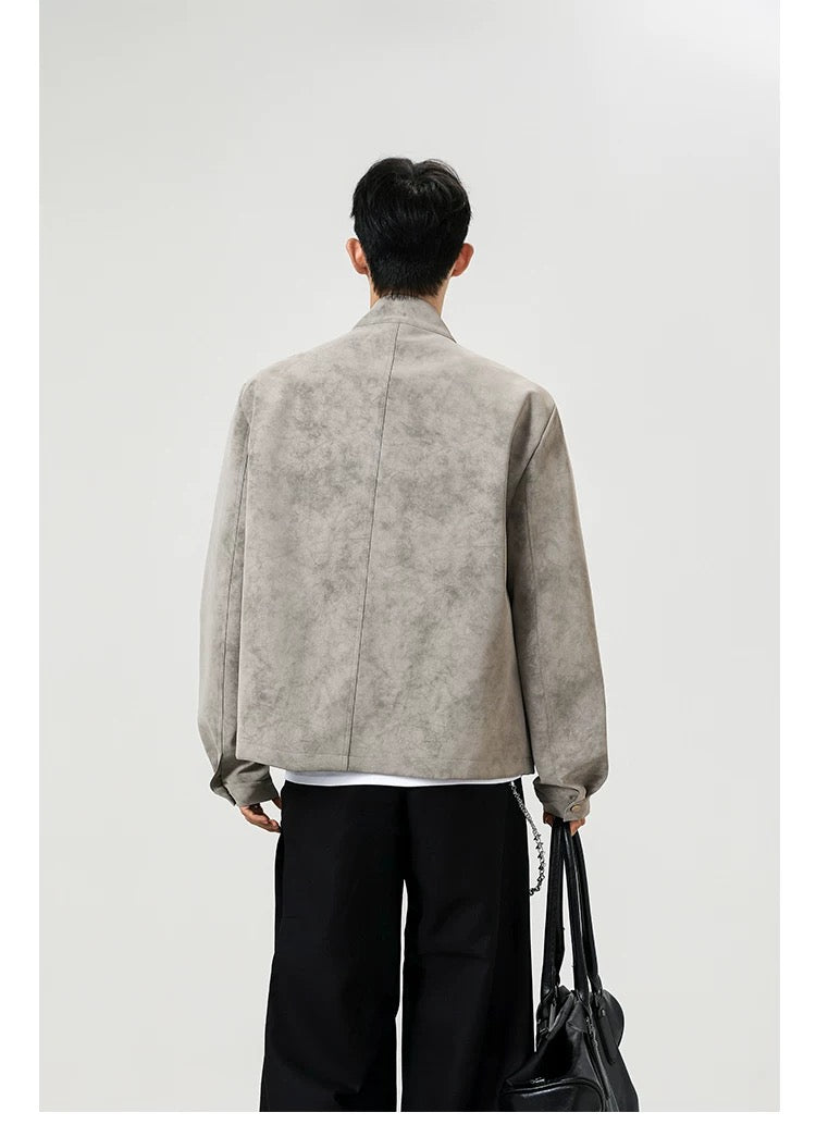 Chaqueta vintage de piel sintética con efecto tie-dye para hombre, cuello alto, estilo urbano, T0078