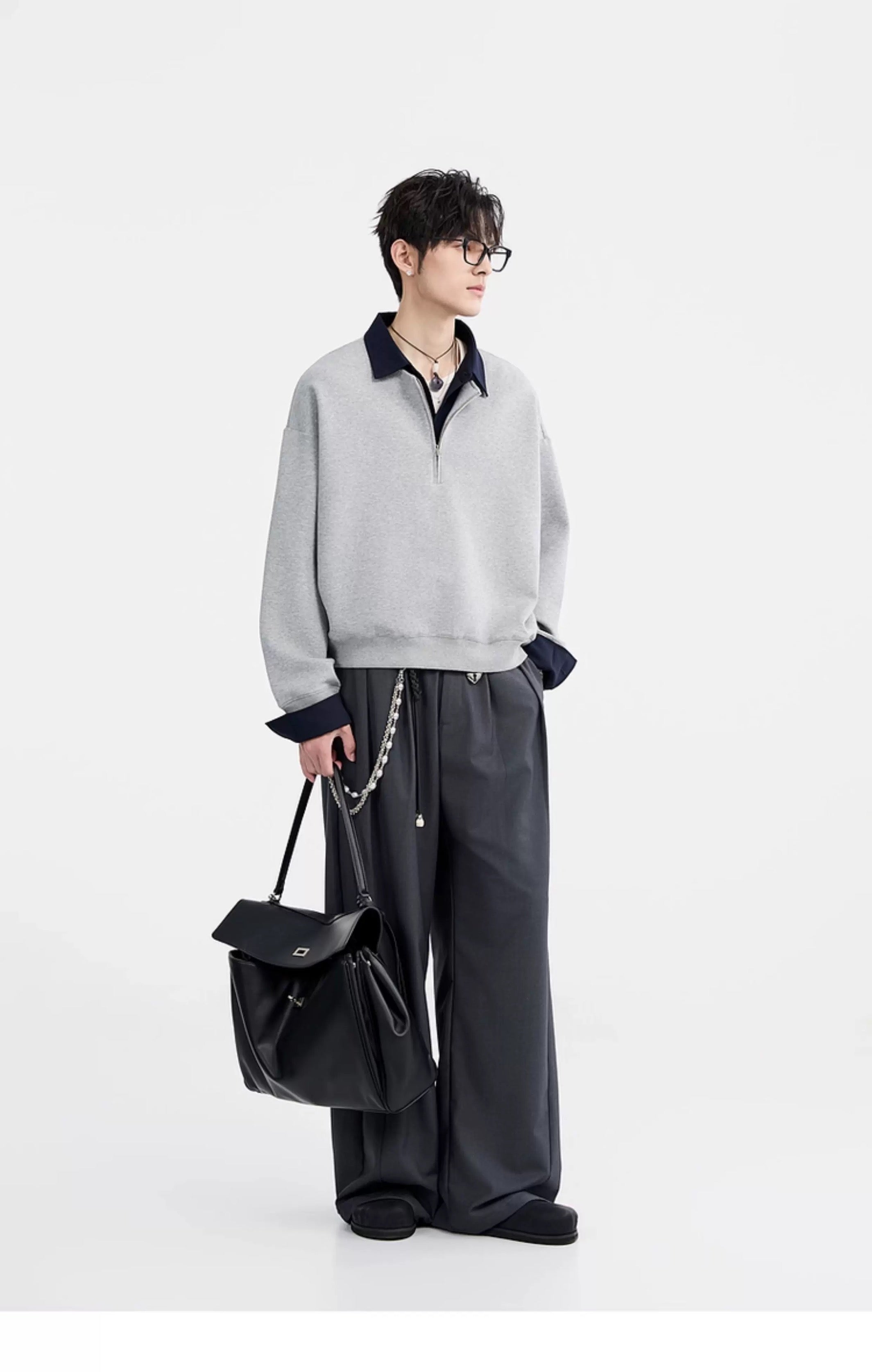 Sudadera con cuello camisero y bloques de color - Jersey extragrande Cleanfit con media cremallera para hombre T0047