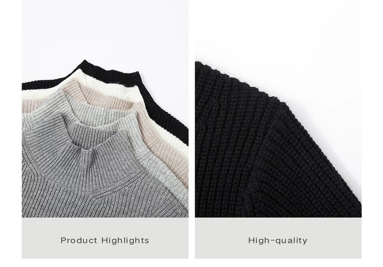 Suéter holgado de punto de lana de color liso para hombre, con cuello semialto y diseño estampado para invierno - Capa base ideal T0043