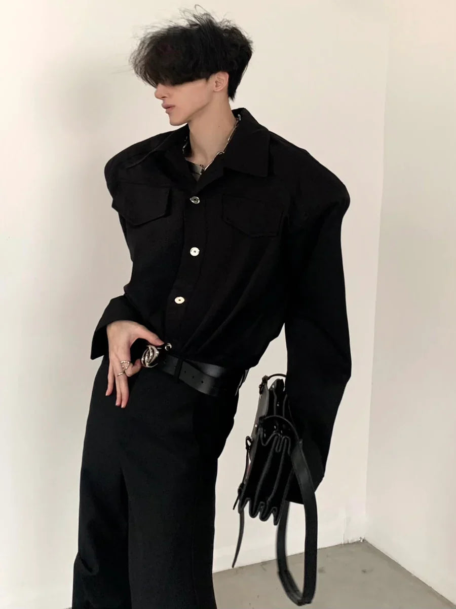 [AUTUMNWIND] BLACK SHOULDER PADS METAL PUNK SHIRT S0059