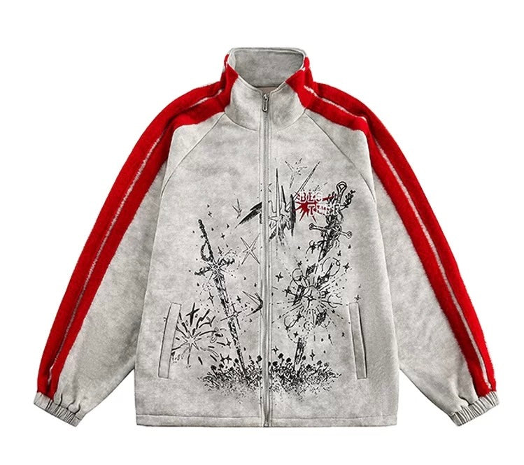 メンズ プリント カラーブロック フリースジャケット - レトロ パッチワーク ストリートウェア アウターウェア T0037