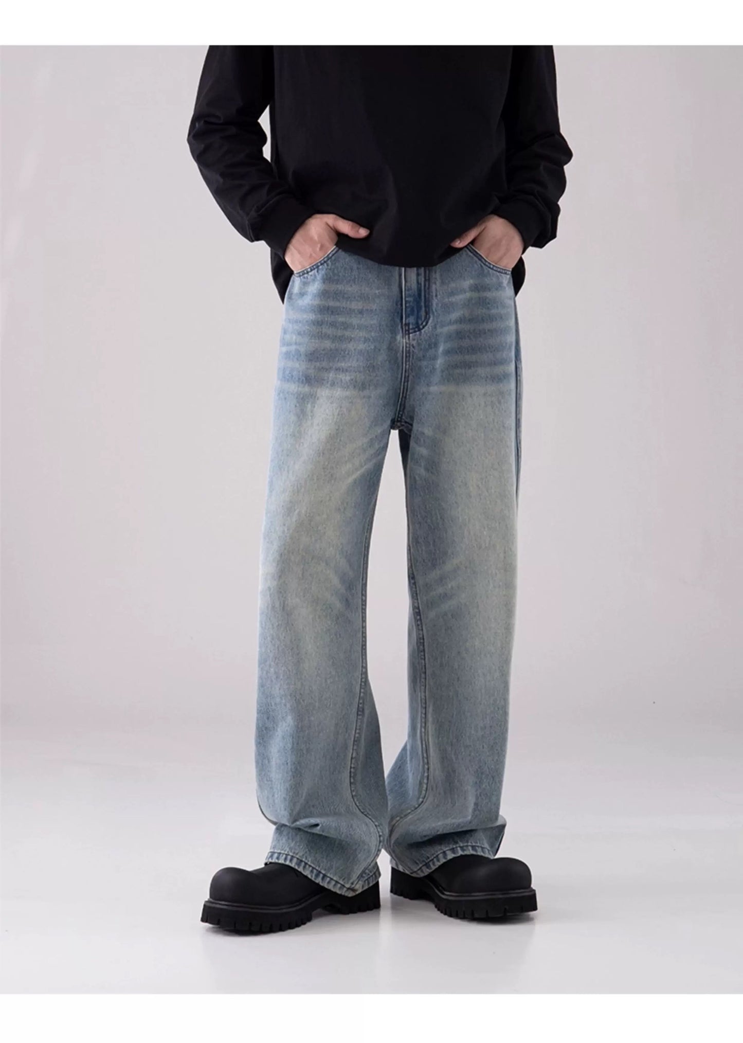 Men’s Vintage Washed Wide-Leg Jeans – American Retro Streetwear Denim T0138