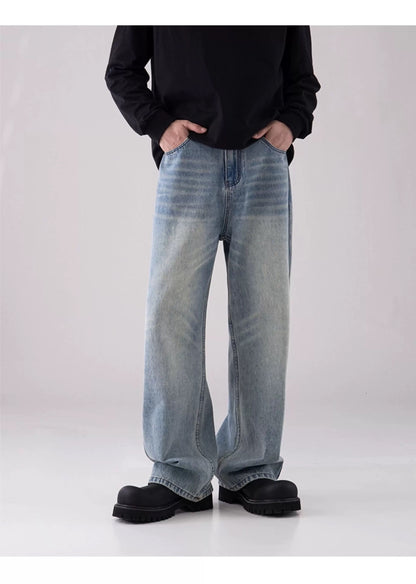Men’s Vintage Washed Wide-Leg Jeans – American Retro Streetwear Denim T0138