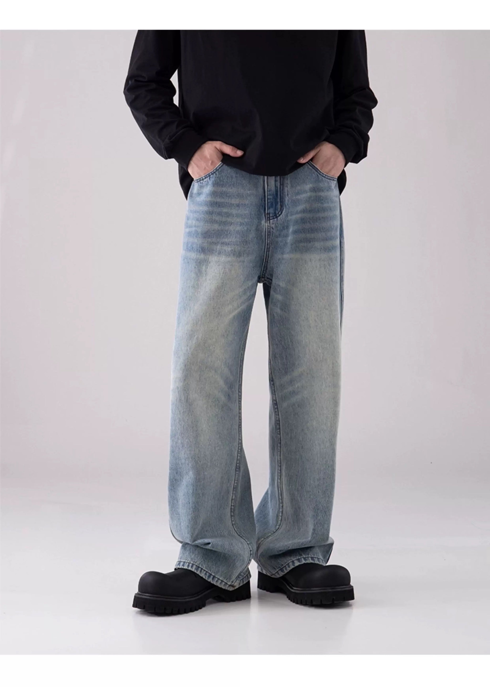 Vaqueros vintage lavados de pierna ancha para hombre – American Retro Streetwear Denim B0070