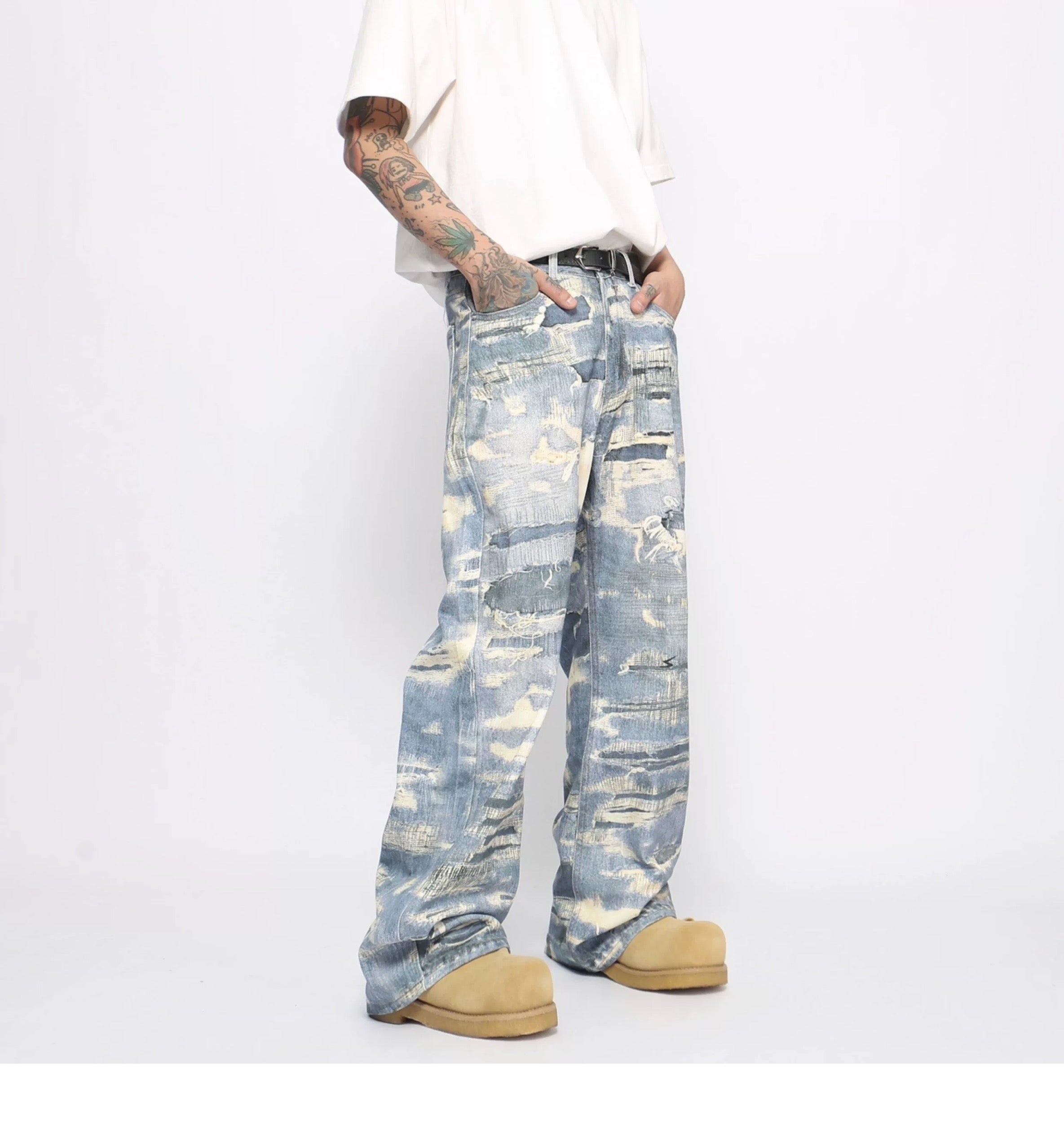 Men’s Distressed Printed Jeans – Vintage Washed Ripped Denim Pants B0079