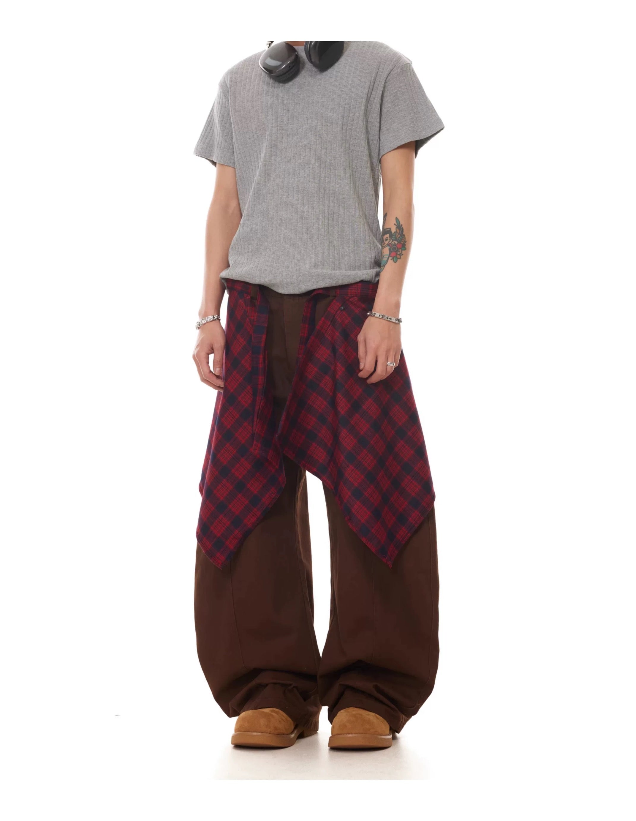Men’s Vintage Detachable Plaid Skirt Cargo Pants – American Curved Wide-Leg Streetwear Trousers B0087