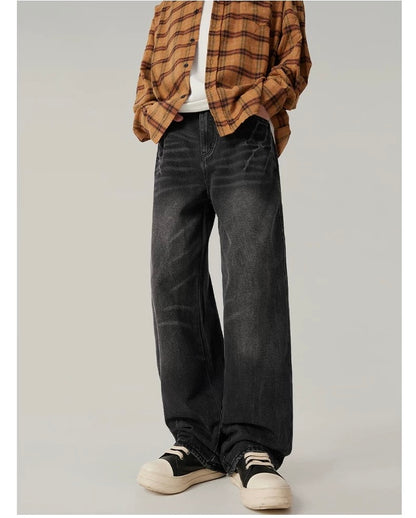 Men’s Vintage Washed Wide-Leg Jeans – American Retro Streetwear Denim T0138