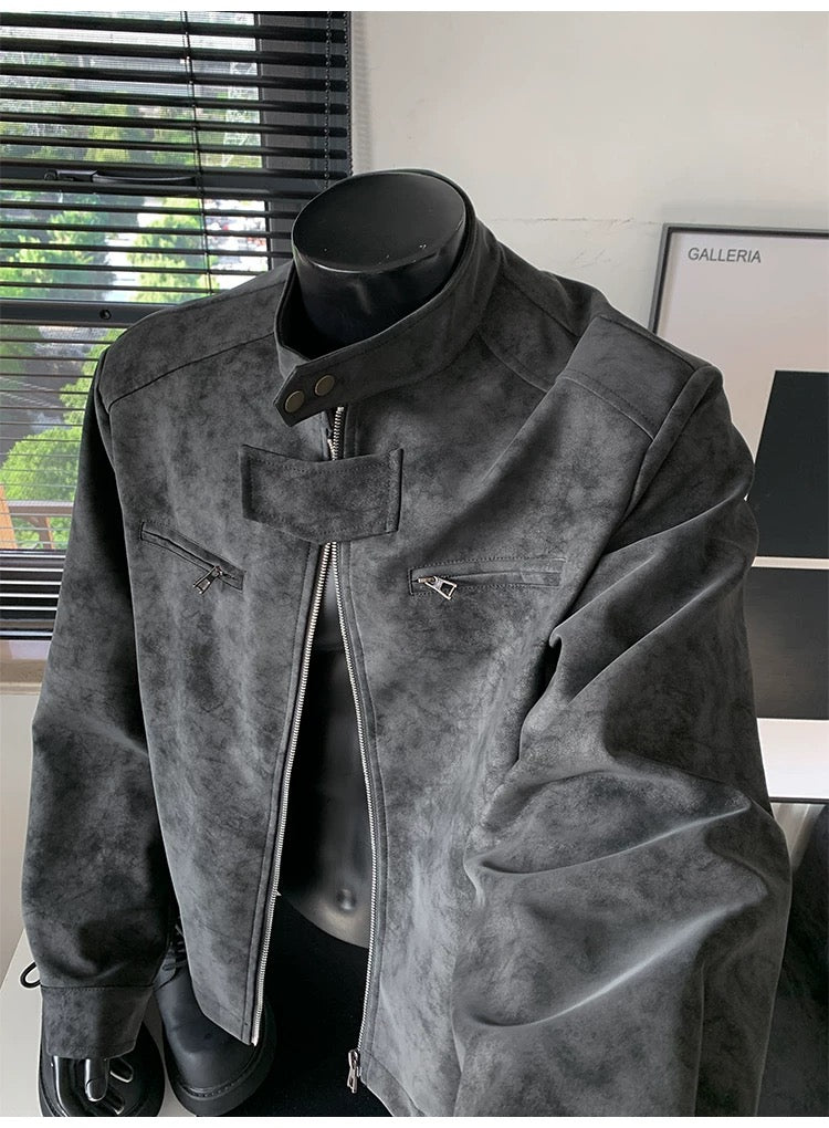 Chaqueta vintage de piel sintética con efecto tie-dye para hombre, cuello alto, estilo urbano, T0078