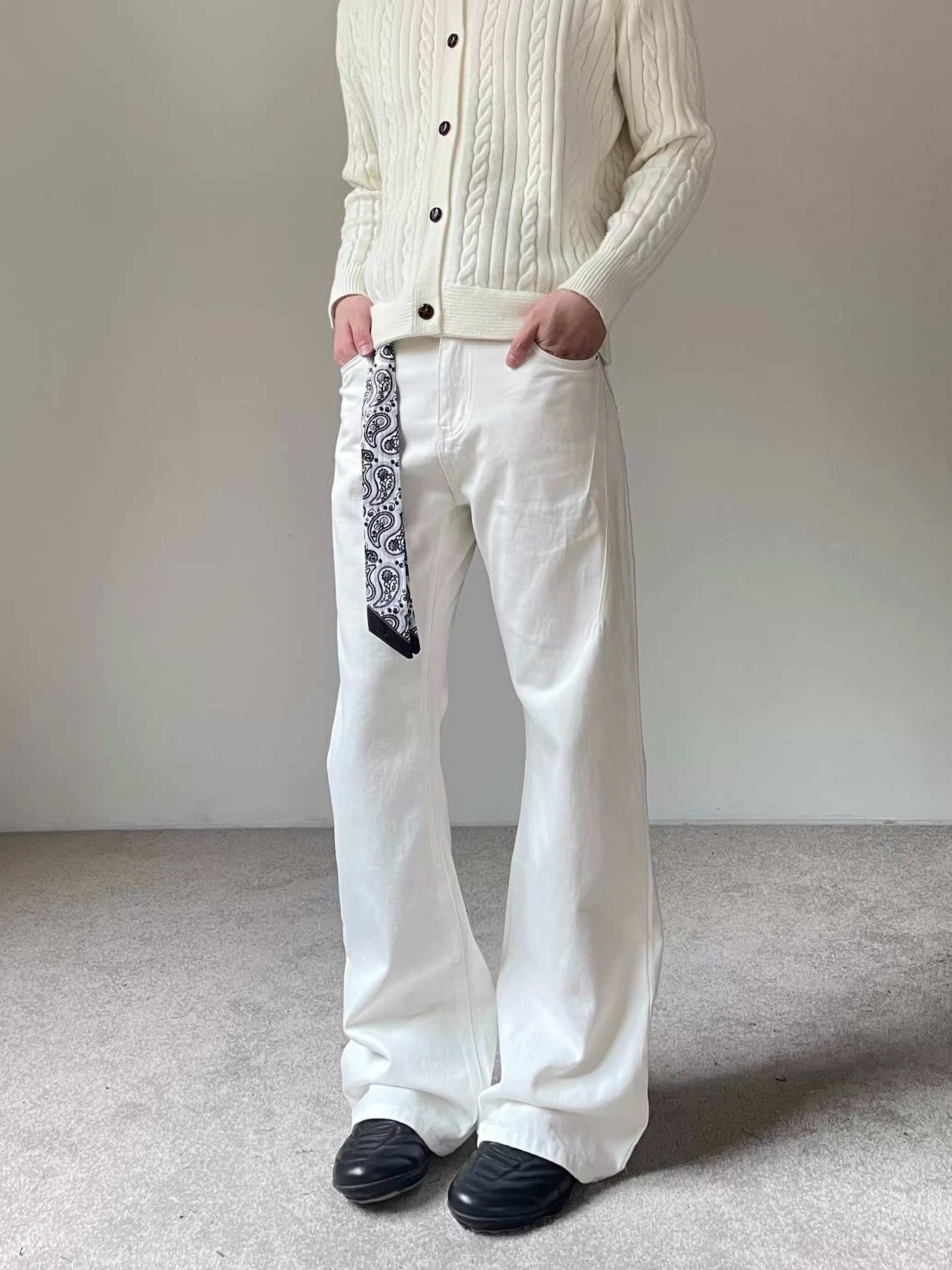 Men’s Vintage Scarf Detail Flare Jeans – American High Street Denim Pants B0074