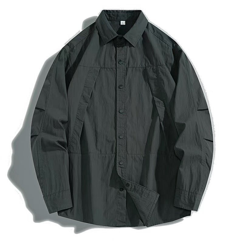 Vintage Washed Utility Shirt, Men's Distressed Panelled Long Sleeve, Oversized Streetwear Fashion T0010