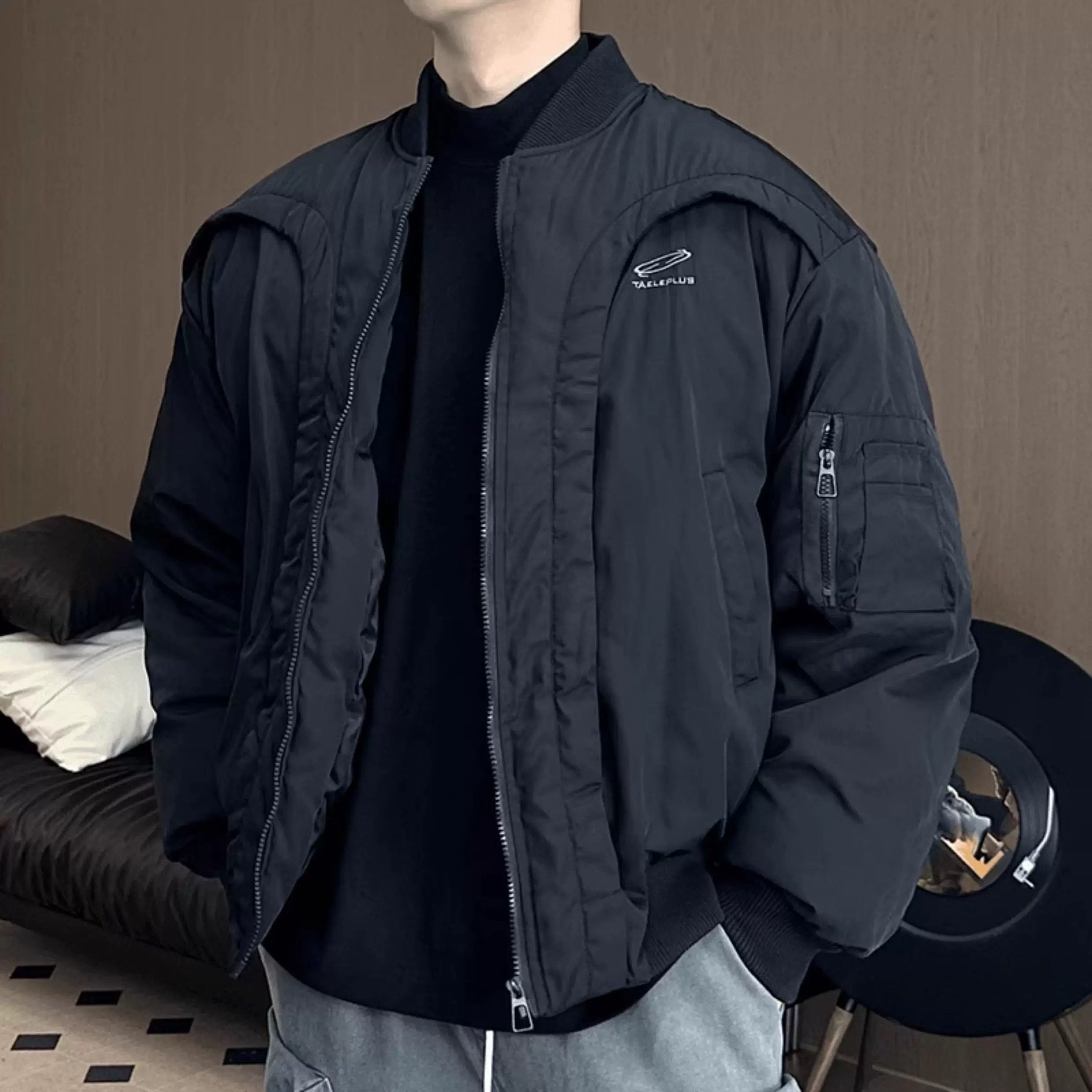 Men’s Deconstructed Bomber Jacket – American Retro High-Street Flight Outerwear T0145