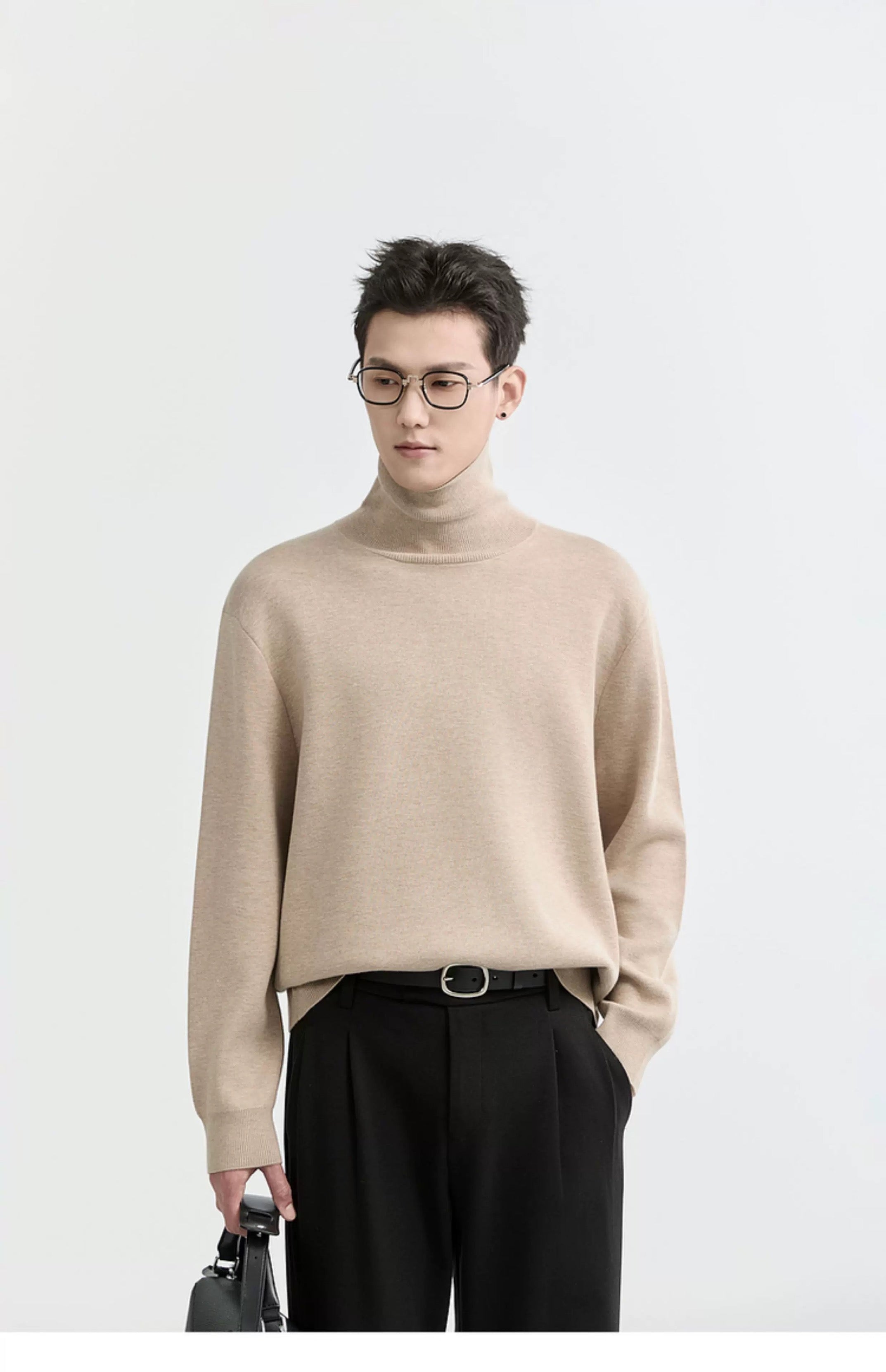 Suéter de punto de cuello alto para hombre - Capa base con forro polar grueso para otoño e invierno T0041