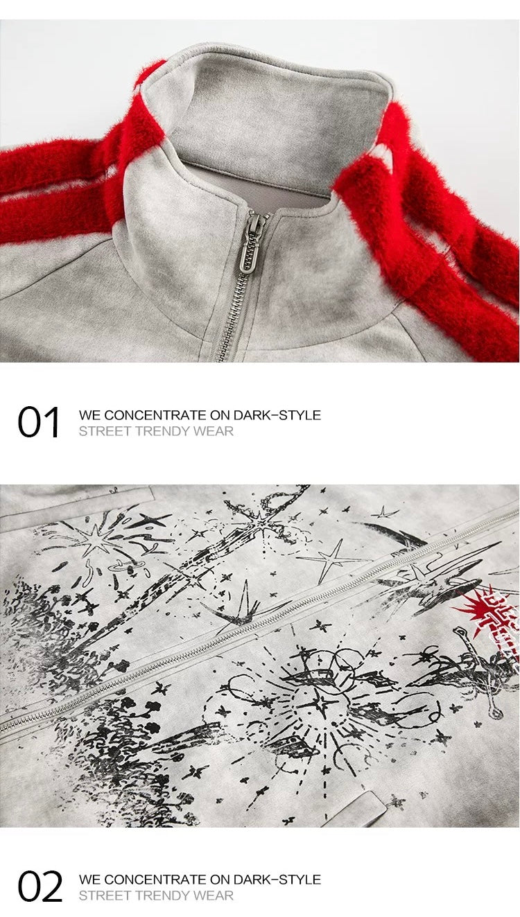 メンズ プリント カラーブロック フリースジャケット - レトロ パッチワーク ストリートウェア アウターウェア T0037