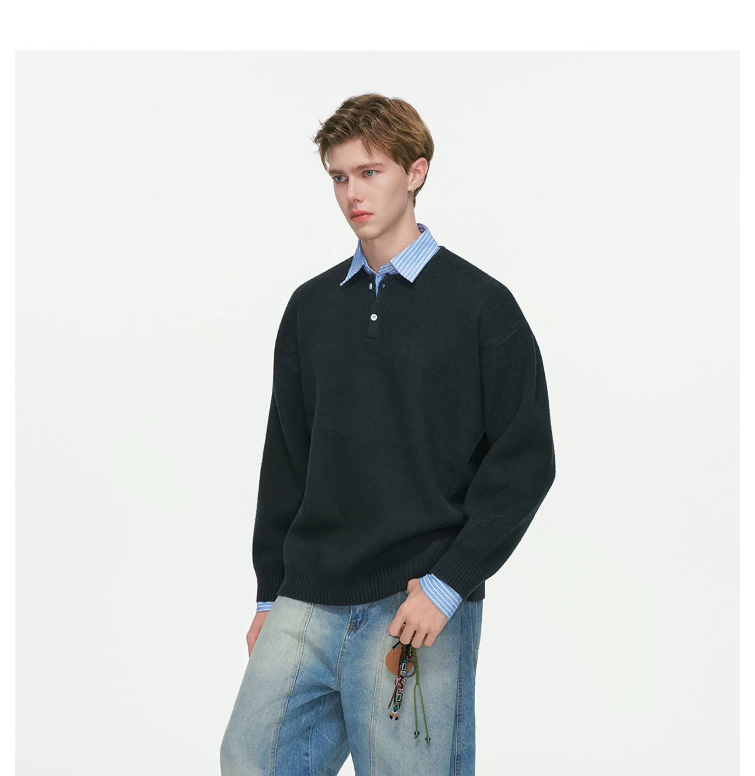 Men’s Layered Stripe Collar Sweatshirt – Vintage Preppy Street Pullover S0045