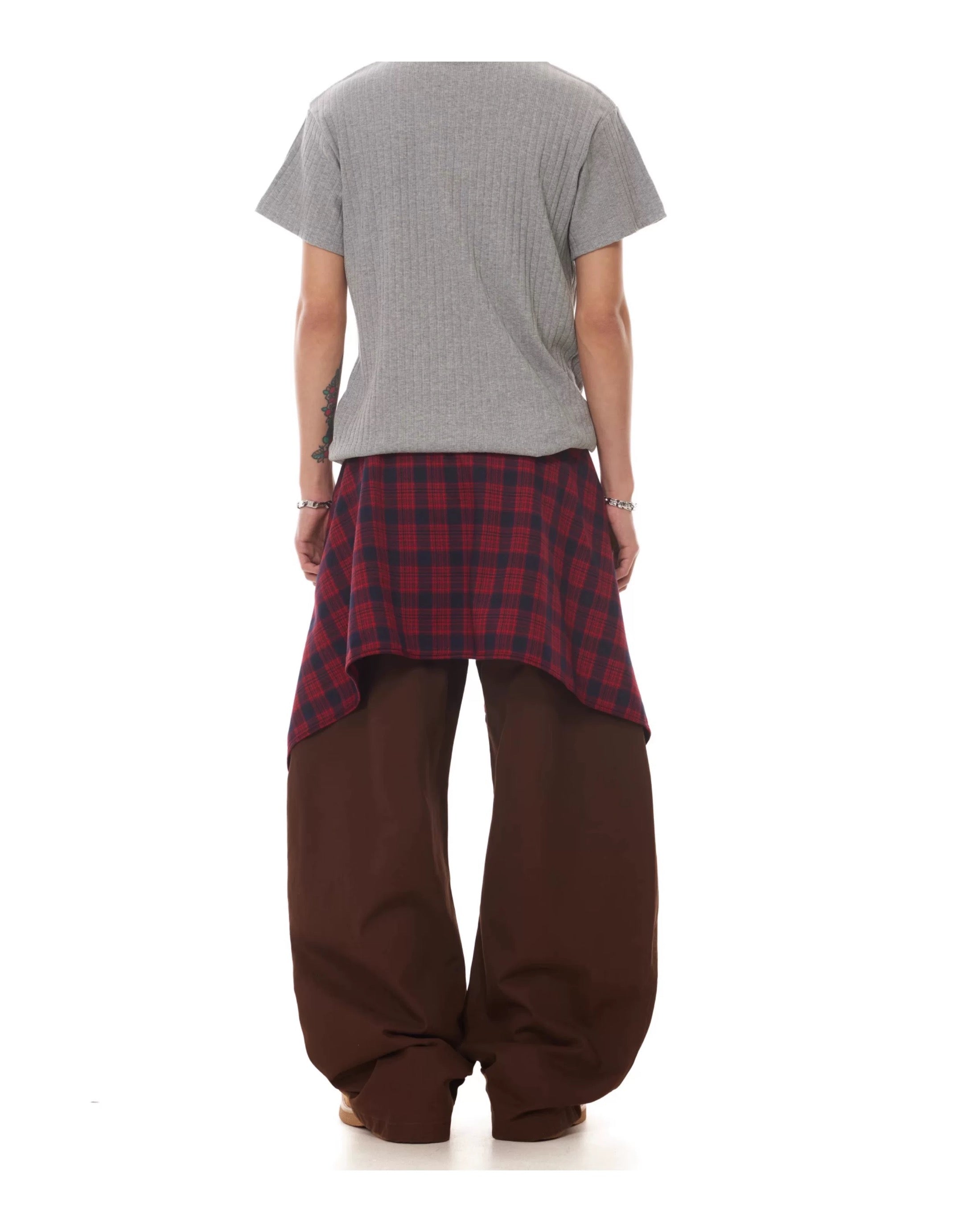 Men’s Vintage Detachable Plaid Skirt Cargo Pants – American Curved Wide-Leg Streetwear Trousers B0087