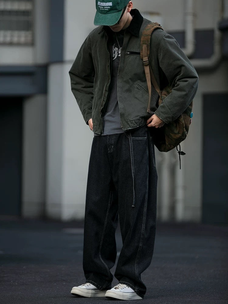 Japanese Streetwear Drawstring Ties Contrast Stitching Denim Pants Men's Loose Straight Leg Washed Versatile Baggy Haramaki Joggers B0111