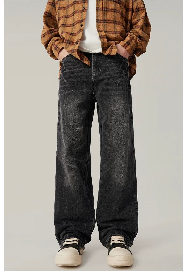 Men’s Vintage Washed Wide-Leg Jeans – American Retro Streetwear Denim T0138