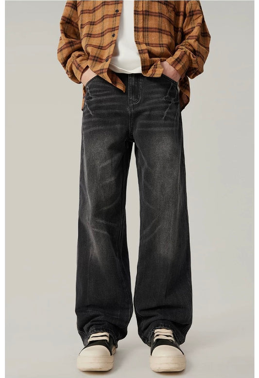 Men’s Vintage Washed Wide-Leg Jeans – American Retro Streetwear Denim T0138