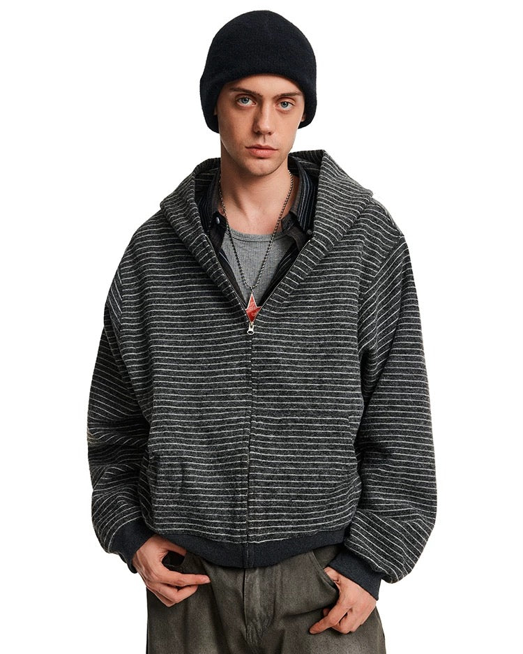 Sudadera a rayas con cremallera – Sudadera estilo cárdigan con capucha estilo streetwear vintage americano T0207