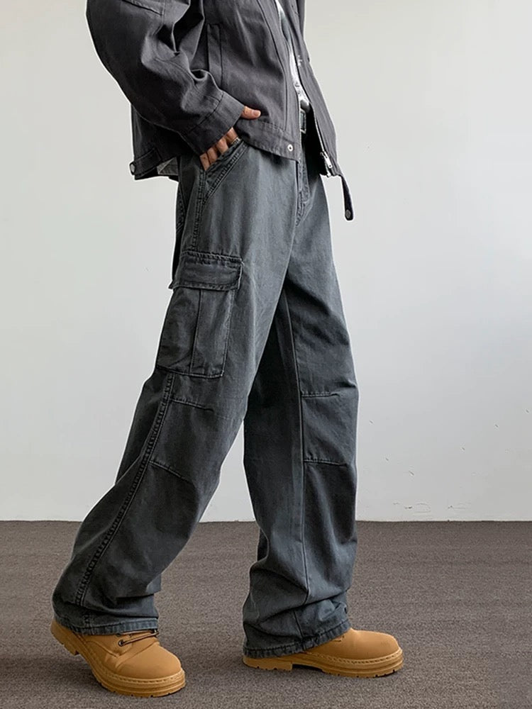 Men’s Gray Multi-Pocket Cargo Pants – Utility Streetwear Loose Fit Trousers B0062