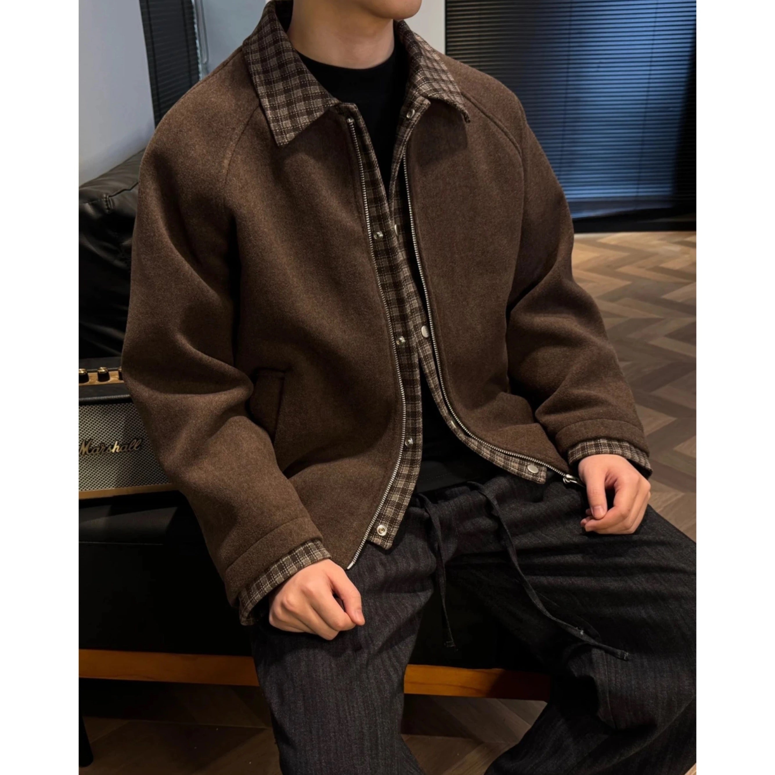 Chaqueta acolchada holgada de lana de oveja para hombre T0247