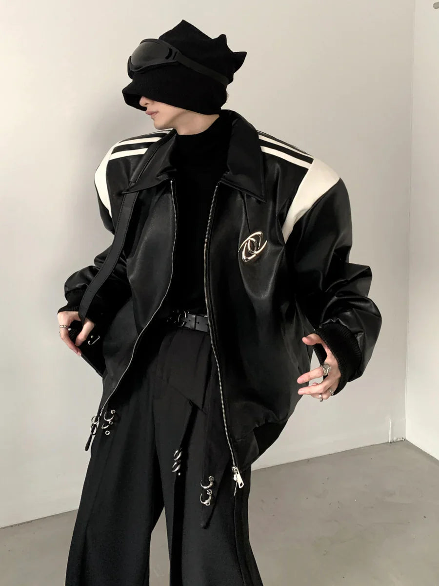 [AUTUMNWIND] BLACK COTTON THICKENED LEATHER JACKET T0121