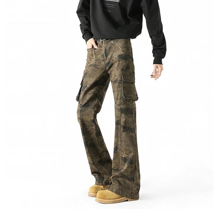Men’s Camouflage Flared Cargo Jeans – American Vintage Workwear Street Denim B0078