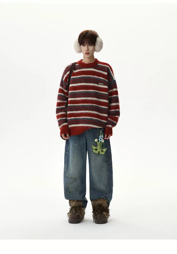 Men’s Vintage Red Striped Sweater – American Retro Knit Pullover S0049