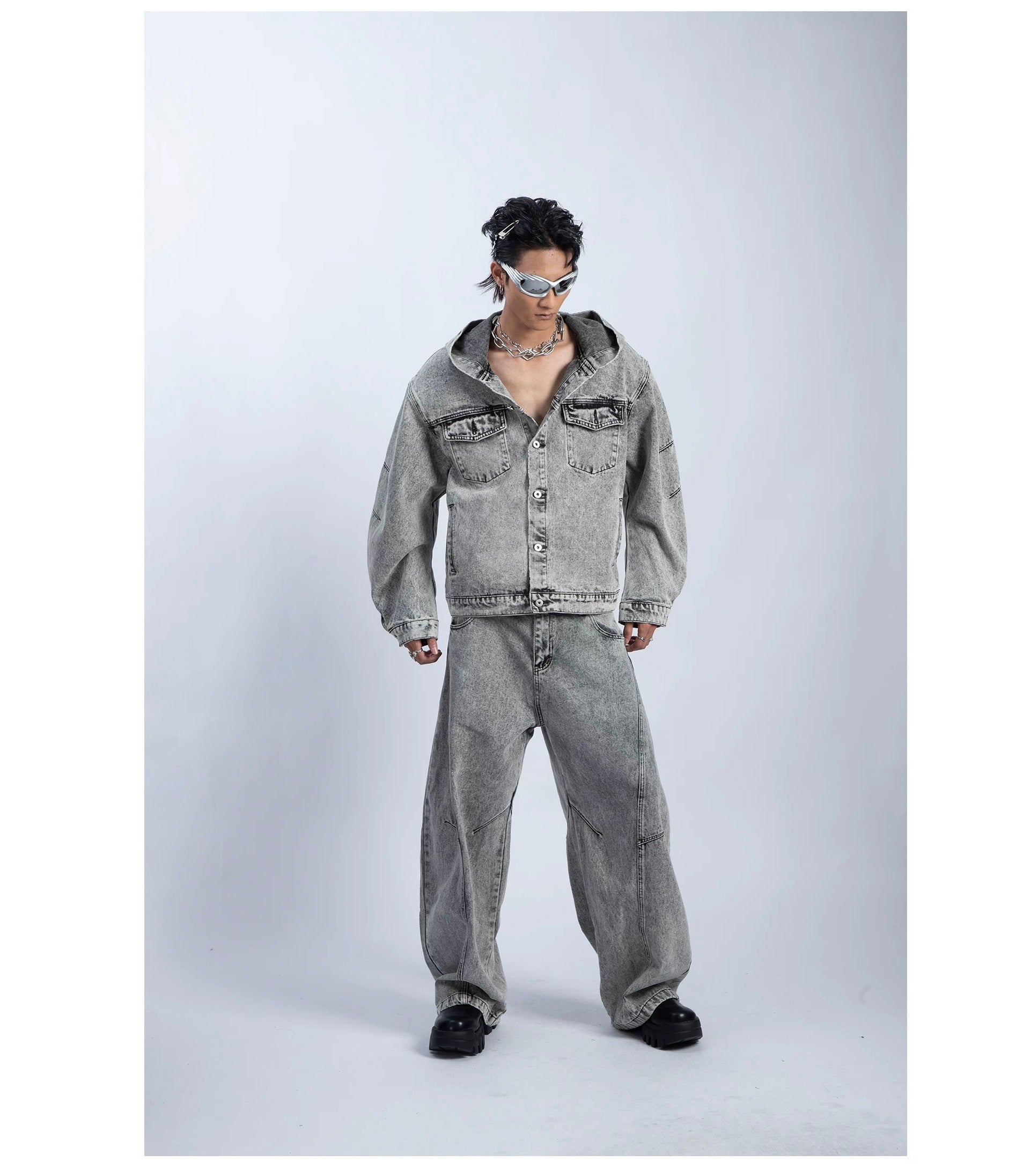 Men’s Deconstructed Distressed Denim Hoodie Jacket – Vintage Heavywork Streetwear Outerwear T0043