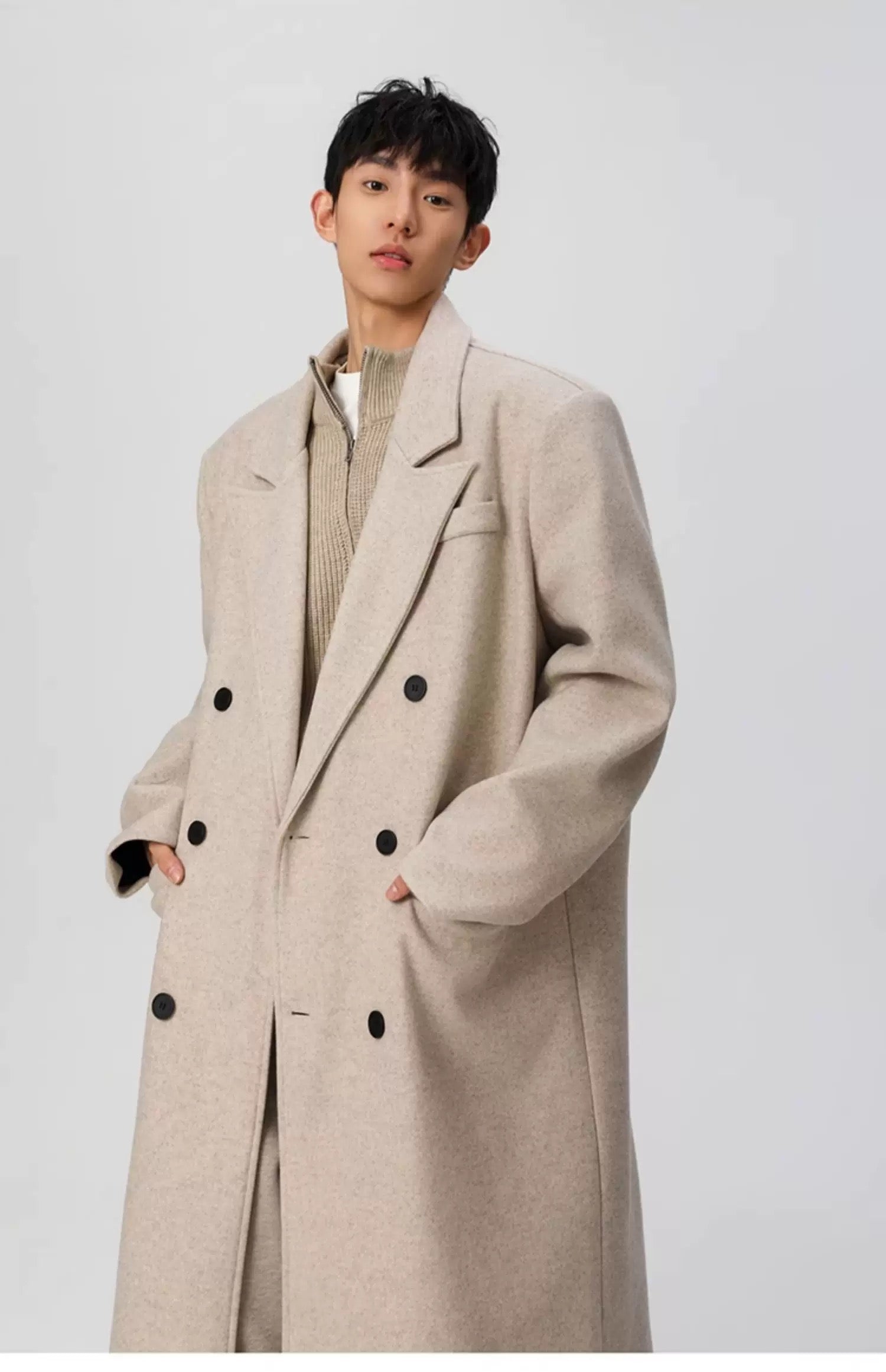 Men’s Long Wool Overcoat – American Vintage Street Tailored Winter Coat T0069