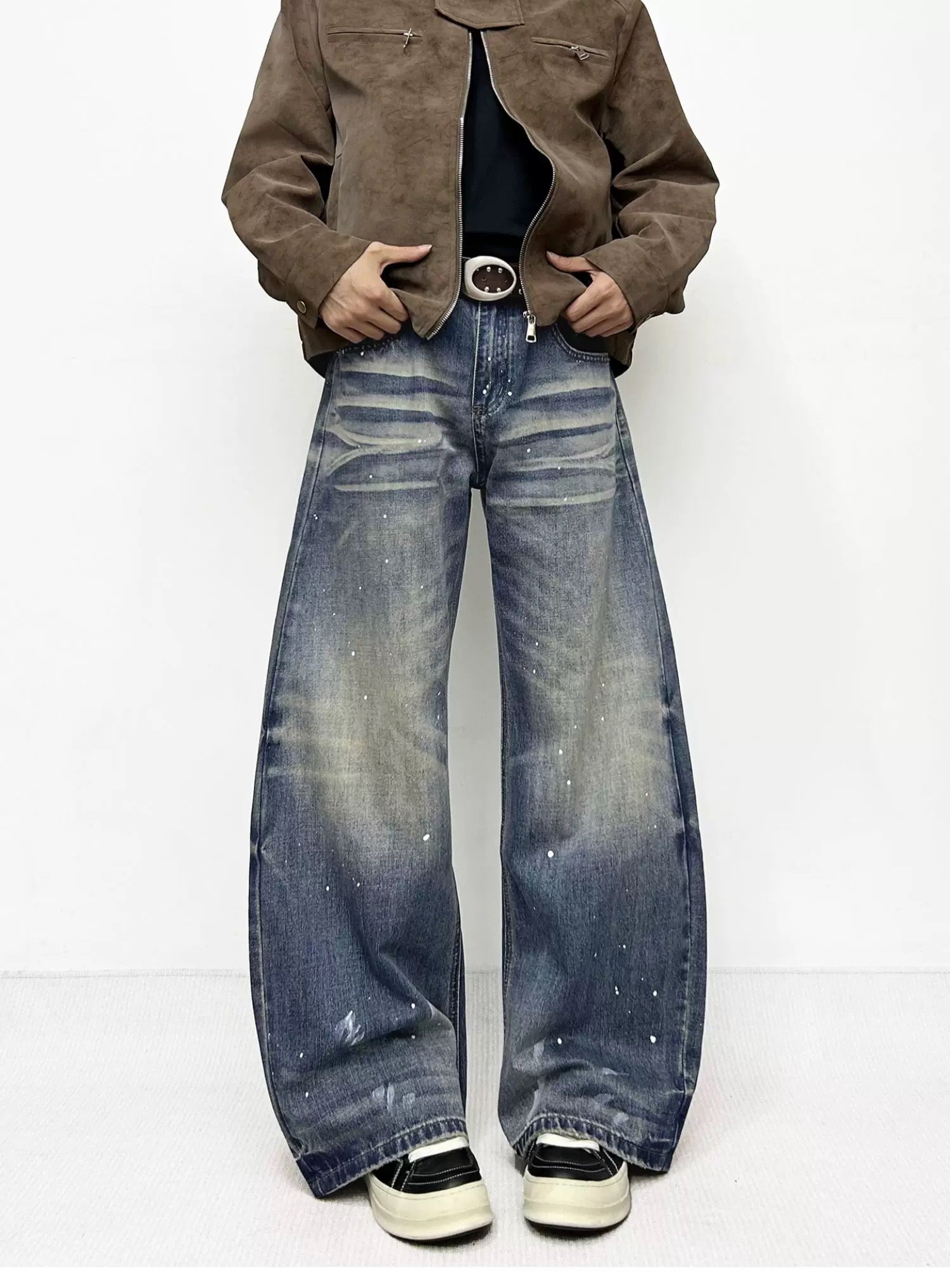 Men’s American Washed Splatter Blade-Cut Jeans – Vintage Distressed Streetwear Denim B0047