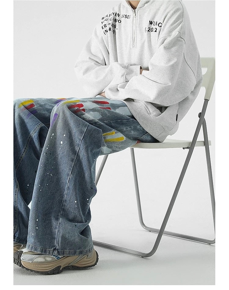 Men’s Graffiti Denim Jeans – Vintage American High Street Painted Streetwear Pants B0058