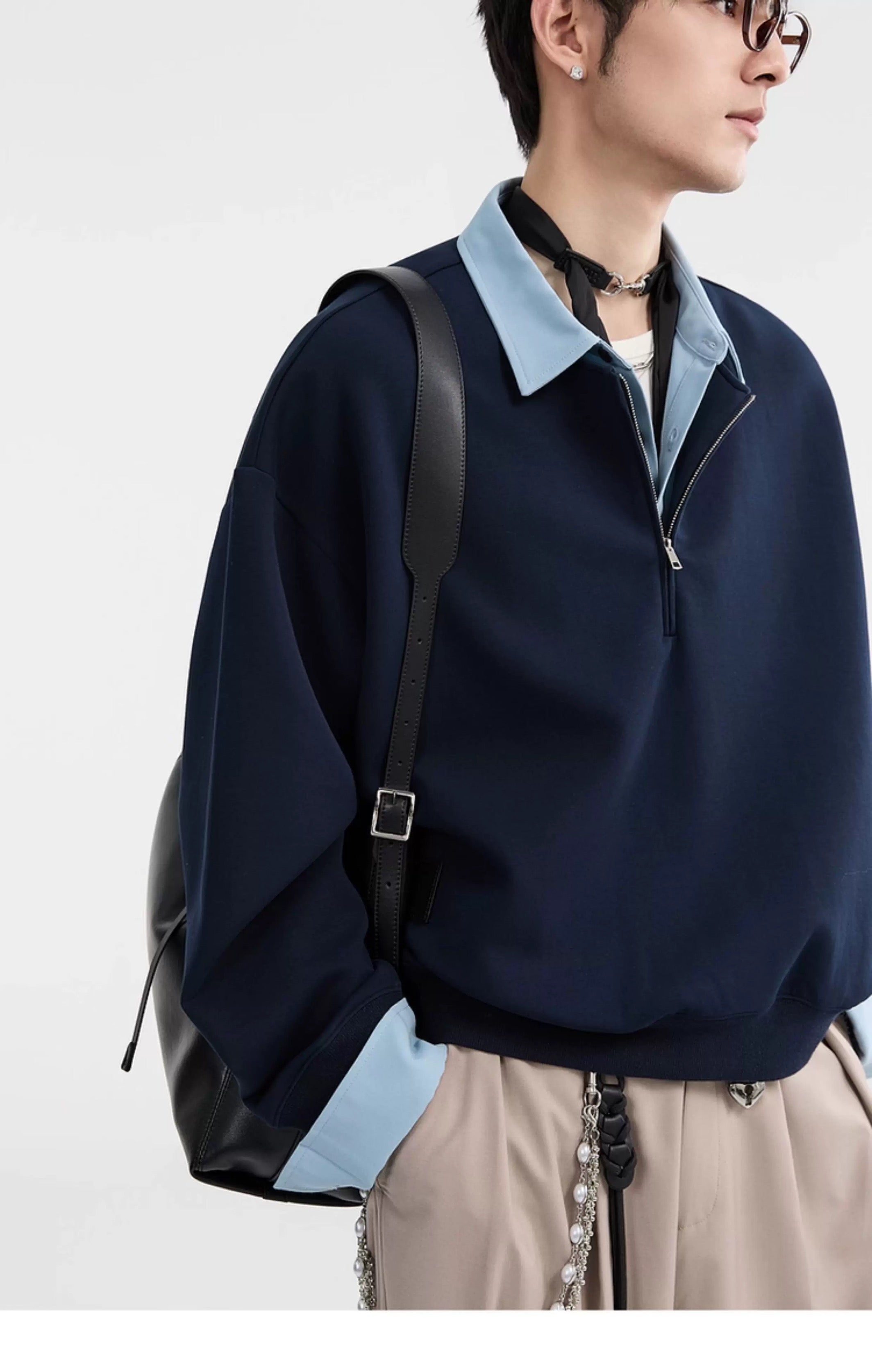 Sudadera con cuello camisero y bloques de color - Jersey extragrande Cleanfit con media cremallera para hombre T0047