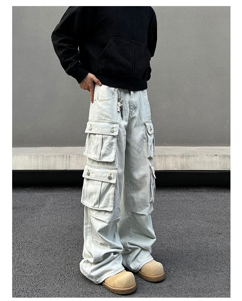 Men’s American Street Style Light Wash Multi-Pocket Jeans – Vintage Cargo Denim Pants B0053