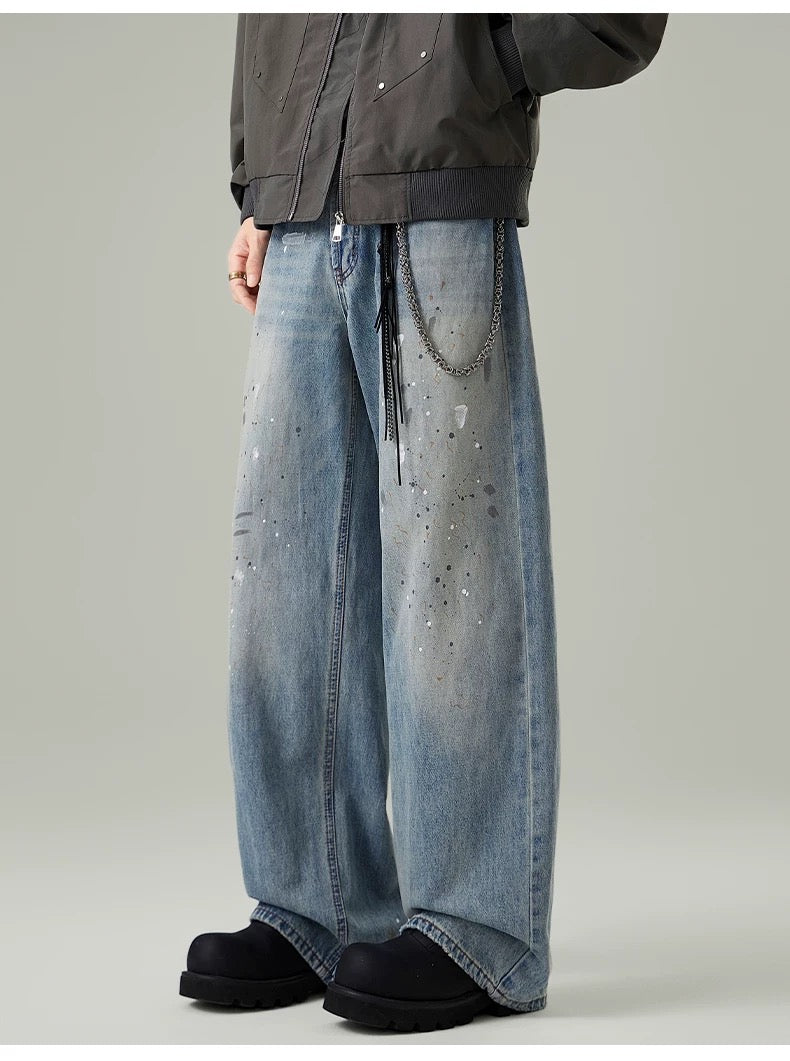 Men’s Paint-Splatter Washed Jeans – Vintage American Street Art Denim Pants B0055