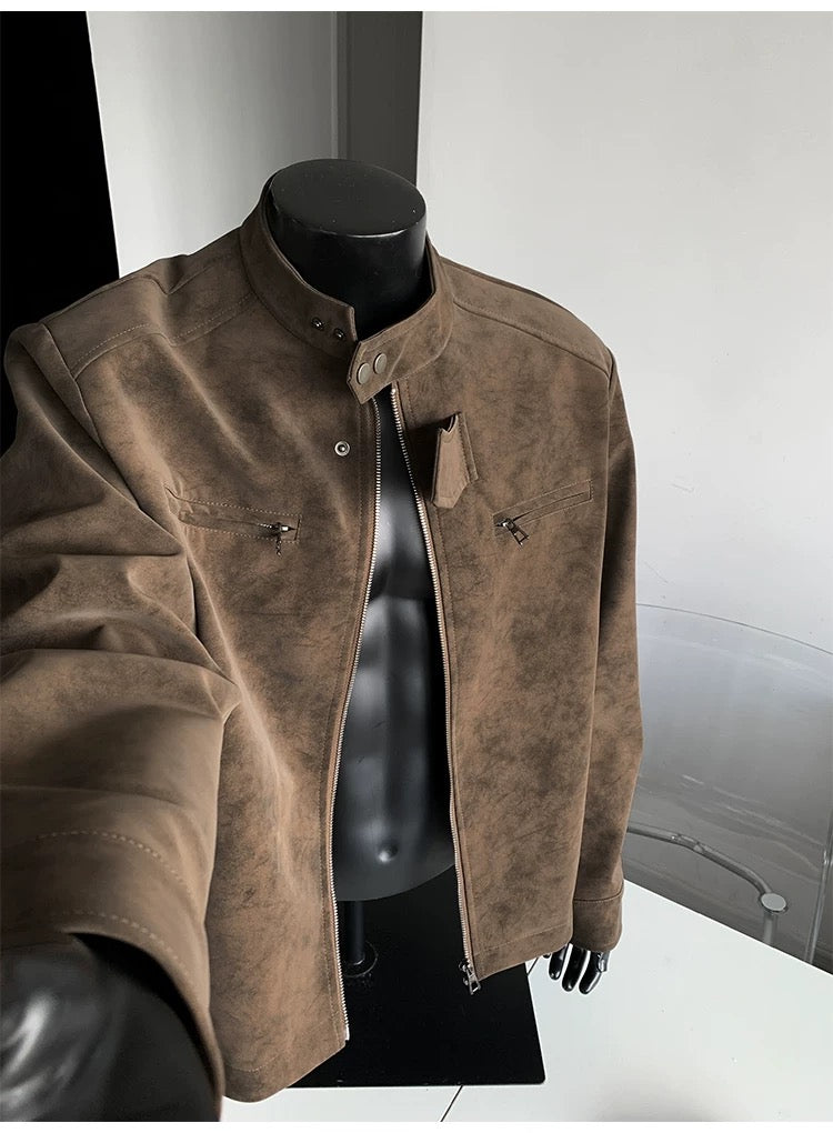 Chaqueta vintage de piel sintética con efecto tie-dye para hombre, cuello alto, estilo urbano, T0078