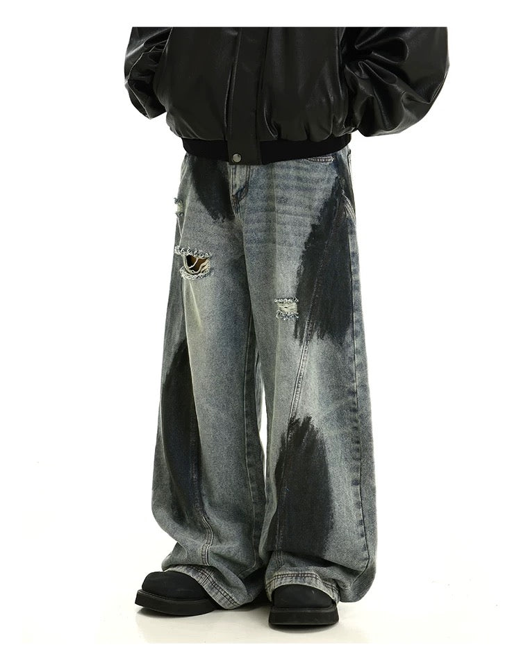 Men’s Graffiti Washed Distressed Jeans – Vintage American High Street Denim Pants B0059