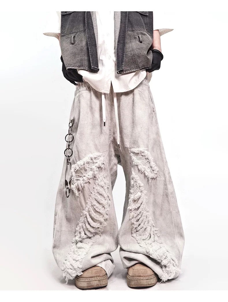 Men’s Vintage Distressed Washed White Denim Jeans Streetwear Loose Straight Mud-Dye Baggy Pants B0096