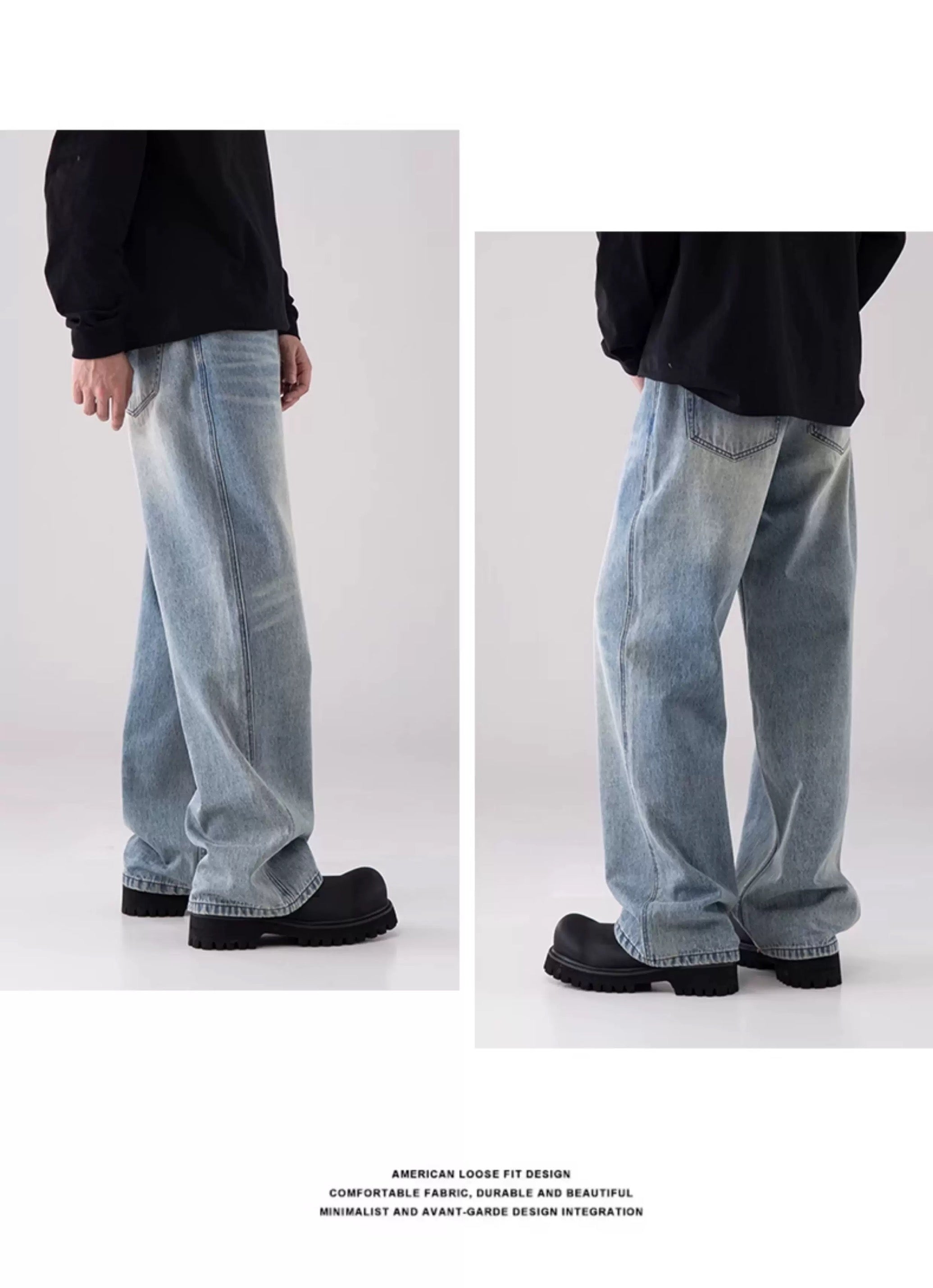 Vaqueros vintage lavados de pierna ancha para hombre – American Retro Streetwear Denim B0070