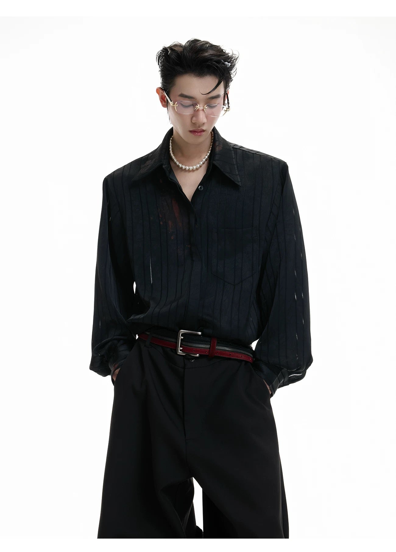 Hot Kiss Misty Realm Striped Satin Lipstick Print Shirt, Luxurious Textured Cardigan Top T0037