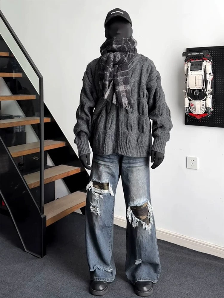 Vintage Cable Knit Turtleneck Sweater – American Retro Textured Pullover for MenS0026