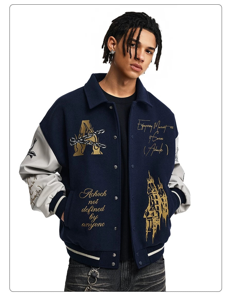 Men’s American Embroidered Patchwork Baseball Jacket – Vintage Streetwear Varsity CoatT0074