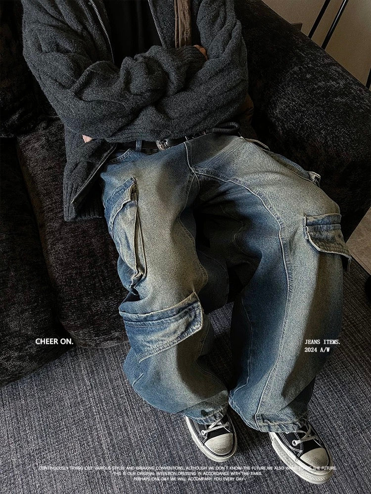 Washed High-Street Cargo Jeans - Heavy-Duty Patchwork Straight-Leg Unisex Pants B0109