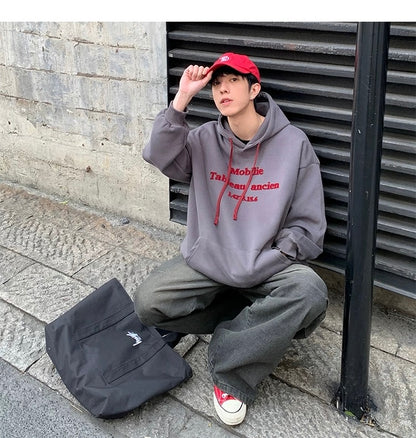 Men’s Vintage Brushed Embroidery Hoodie – Retro American Streetwear Pullover T0202