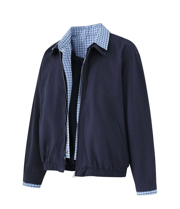 Men’s Vintage Plaid Patchwork Layered Jacket – American Retro Fake Two-Piece Streetwear Coat T0042